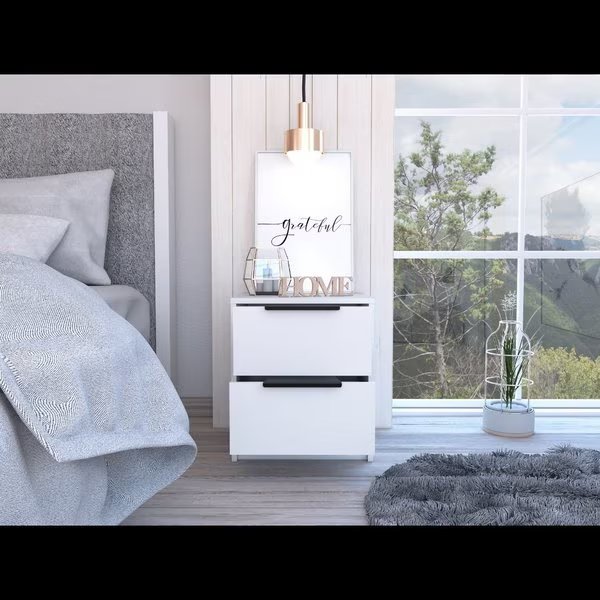 Kaia Nightstand, Two Drawers, Metal Handle, White, Tuhome, Mfr#: MLB6571